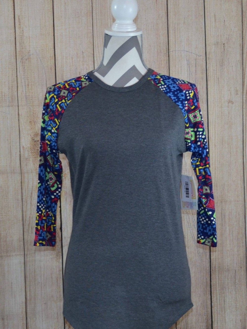 LuLaRoe Randy Top with Bright Multicolor Print Sleeves